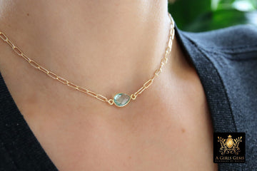 Gemstone Teardrop Necklace, 14 K Gold Filled Choker, Choice of Teardrop Gemstone, Adjustable Rectangle Chain - A Girls Gems